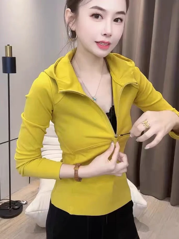 

Slimming Pure Cotton Long Sleeve Hoodie T-Shirt Women's Waist-Cinching Base Layer Top Black Versatile Commute Style Loose Fit