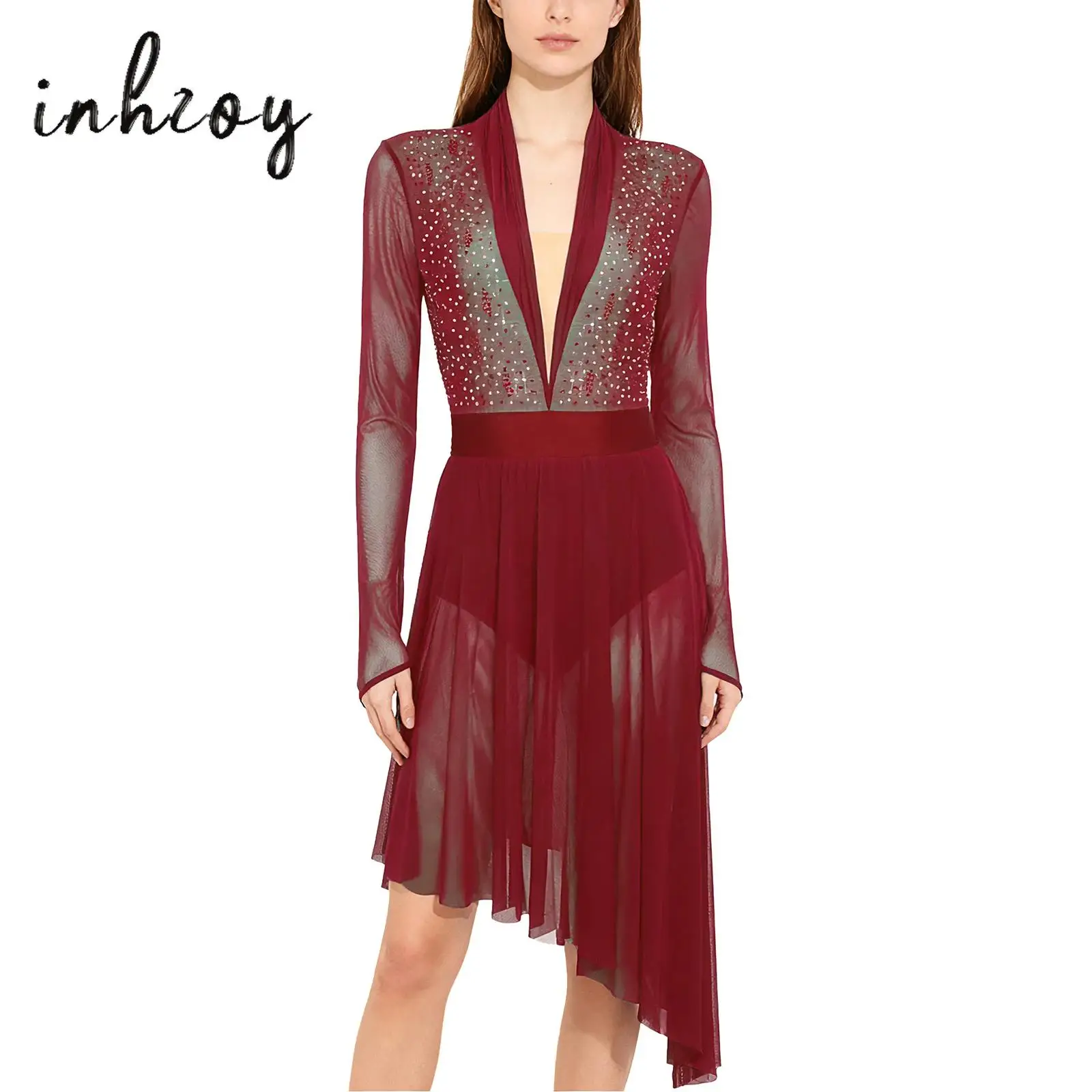

Women Modern Lyrical Dance Dress Sheer Mesh Long Sleeve Shiny Rhinestones Built-In Crotch Buttons Briefs Ruffled Chiffon Dress