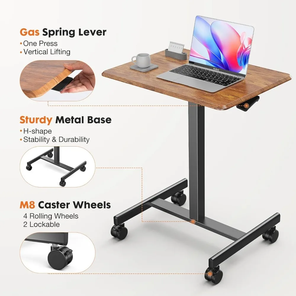 Mobile Small Standing Desk - Sit Stand Portable Rolling Laptop Desk with Lockable Wheels, Adjustable Height Computer Workstatio