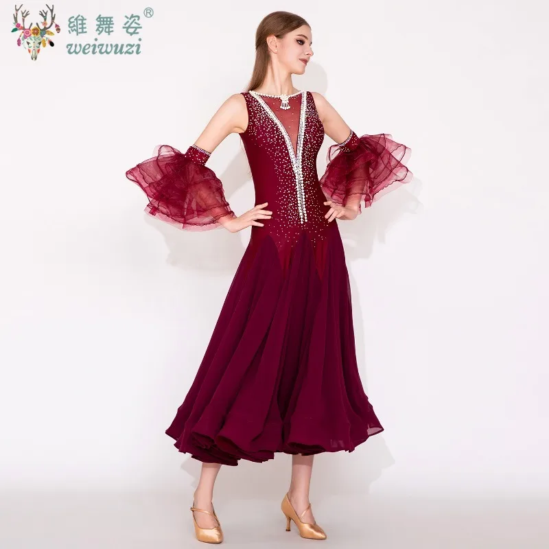 Traje de desempenho de dança moderna high-end luxo borgonha sem costas vestido adulto salão valsa dança competição roupas