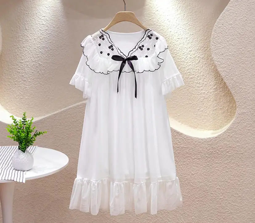 Girl Short Sleeve Sleep Dress Baby Embroidery Summer Thin Pajamas White Princess Comfortable Home Clothes Kids Nightgown Wz1148