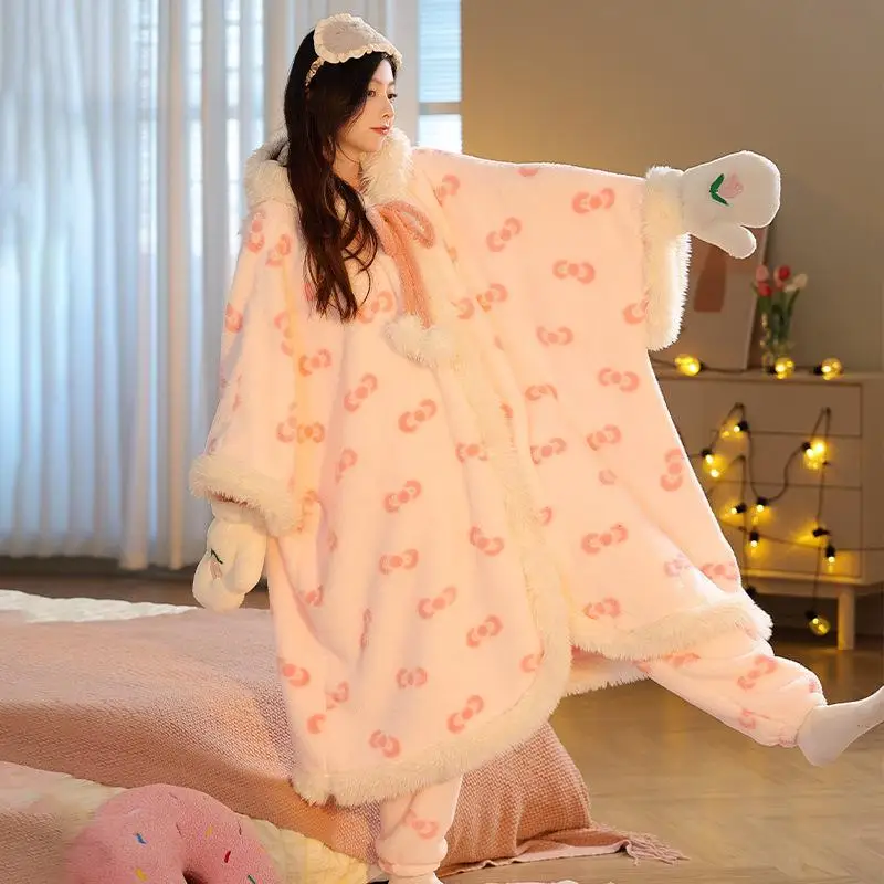 Kawaii Hello Kitty Hooded Nightgown Pajamas Girl's Cloak Cute Autumn Winter Velvet Thickened Sweet Pajamas Casual Home Clothes