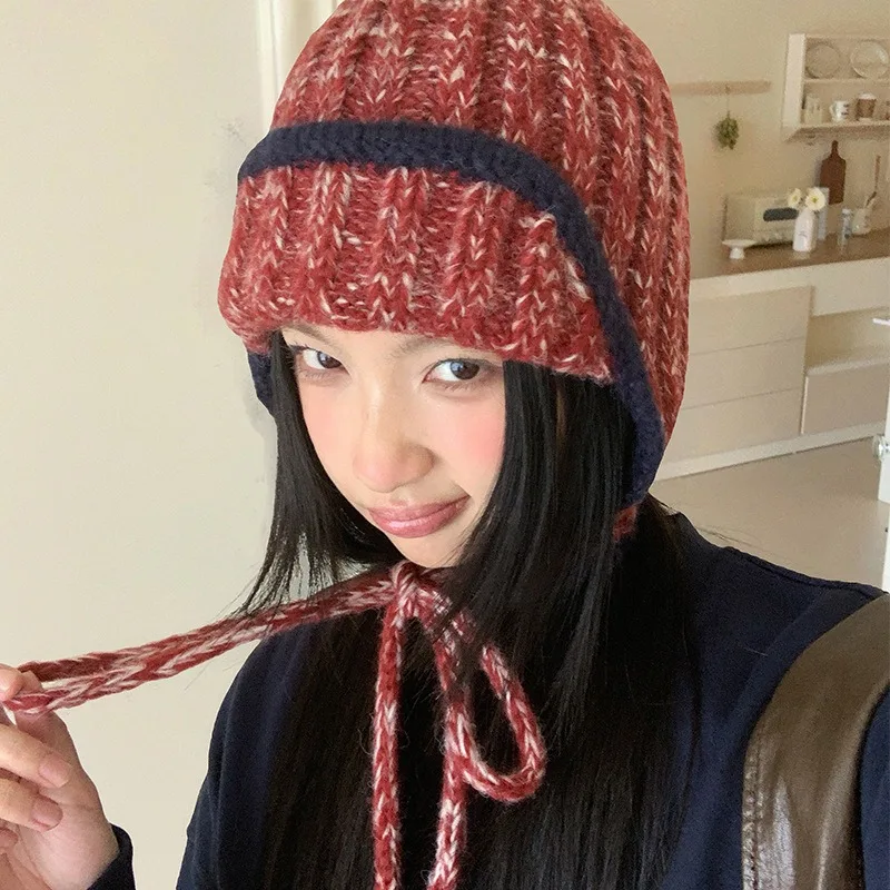 Korean Fashion Mixed Color Braided Thick Knitted Ear Protection Hat Winter Cuffed Outdoor Warm and Windproof Lace-up Bomber Hats