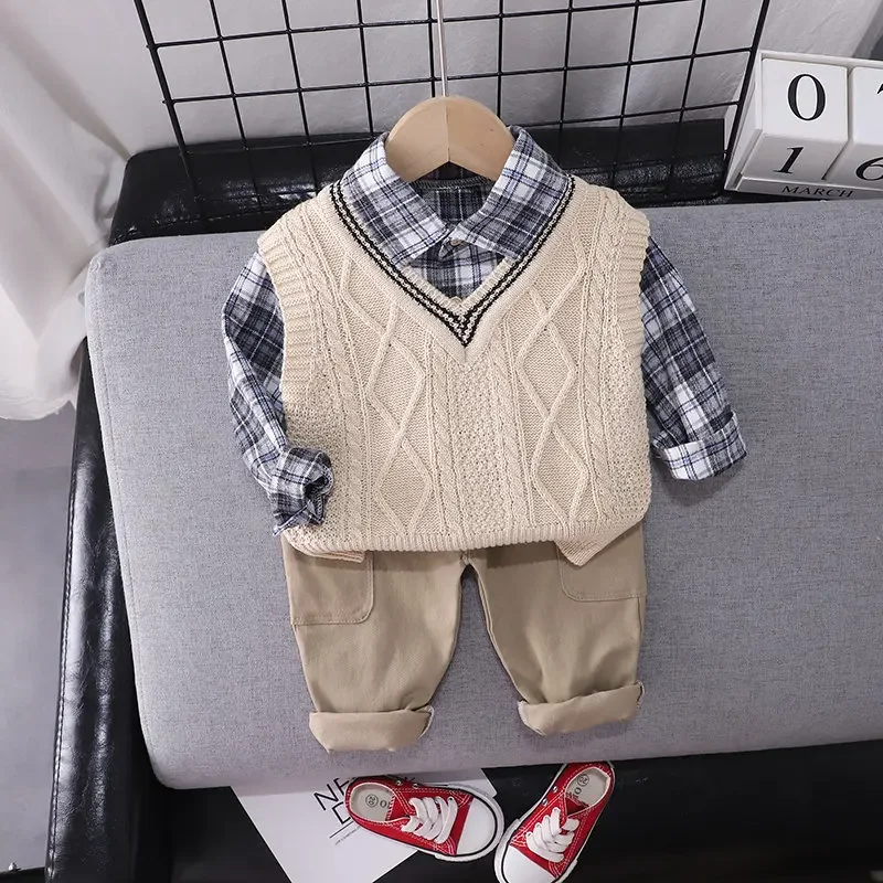 

Spring Fashion Kids Cotton Clothes Kids Boys Girls Sweater Vest Plaid Shirts Pants 3Pcs/sets Pocket Children Toddler Tracksuits