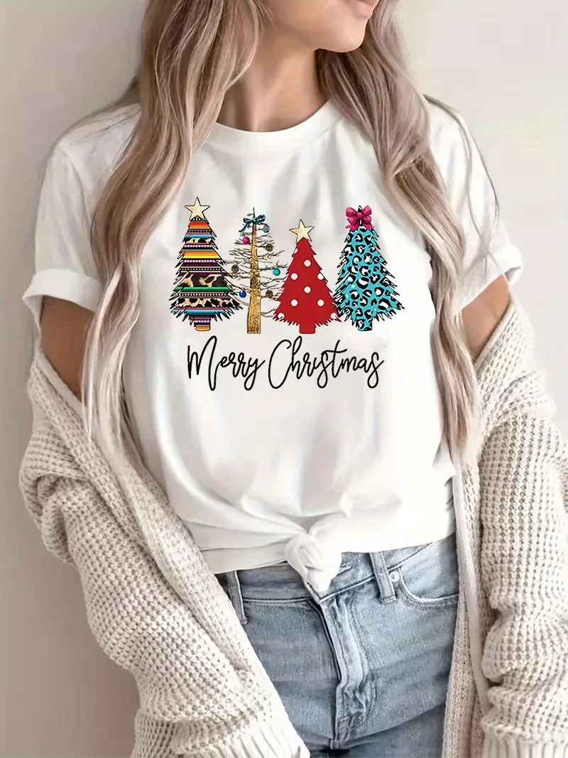 Merry Christmas Tree T Shirt Women Blue Leopard Polka Dot Graphic Tees Holiday Party Wear Funky Festive Casual Outfit Top