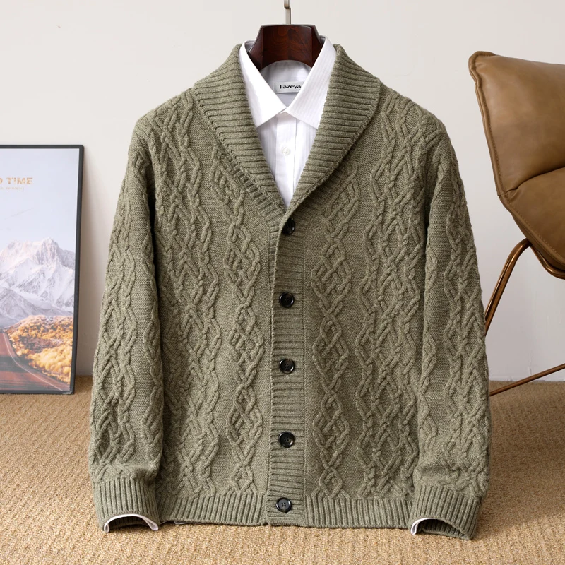 Autumn Winter Thick Warm Knitted Cardigan 100% Merino Wool Sweater with Cable Pattern Green Apple Collar Outerwear for Men