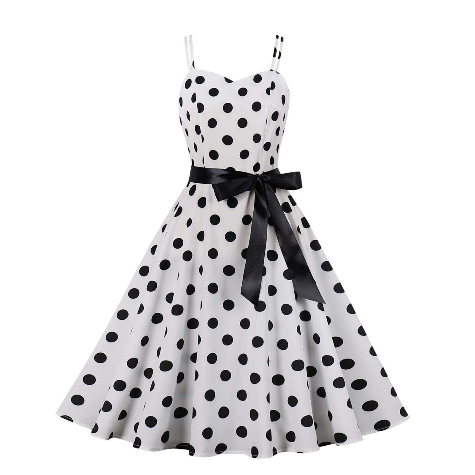 Women's Midi Casual Dresses Polka Dot Spaghetti Vintage Polka Audrey Dress for Ladies & Teen Girls Daily Wear