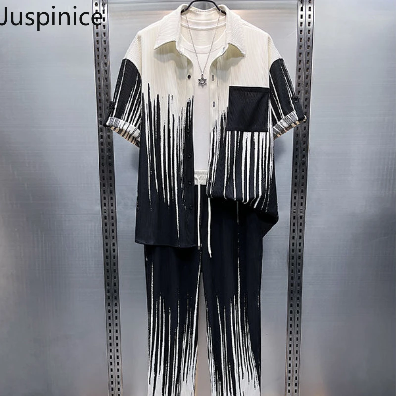 

Summer Gradient Short-sleeve Shirt Trousers Suit Fashion Men’s Loose Casual High Street Personality Tops Pants Set Male Clothes