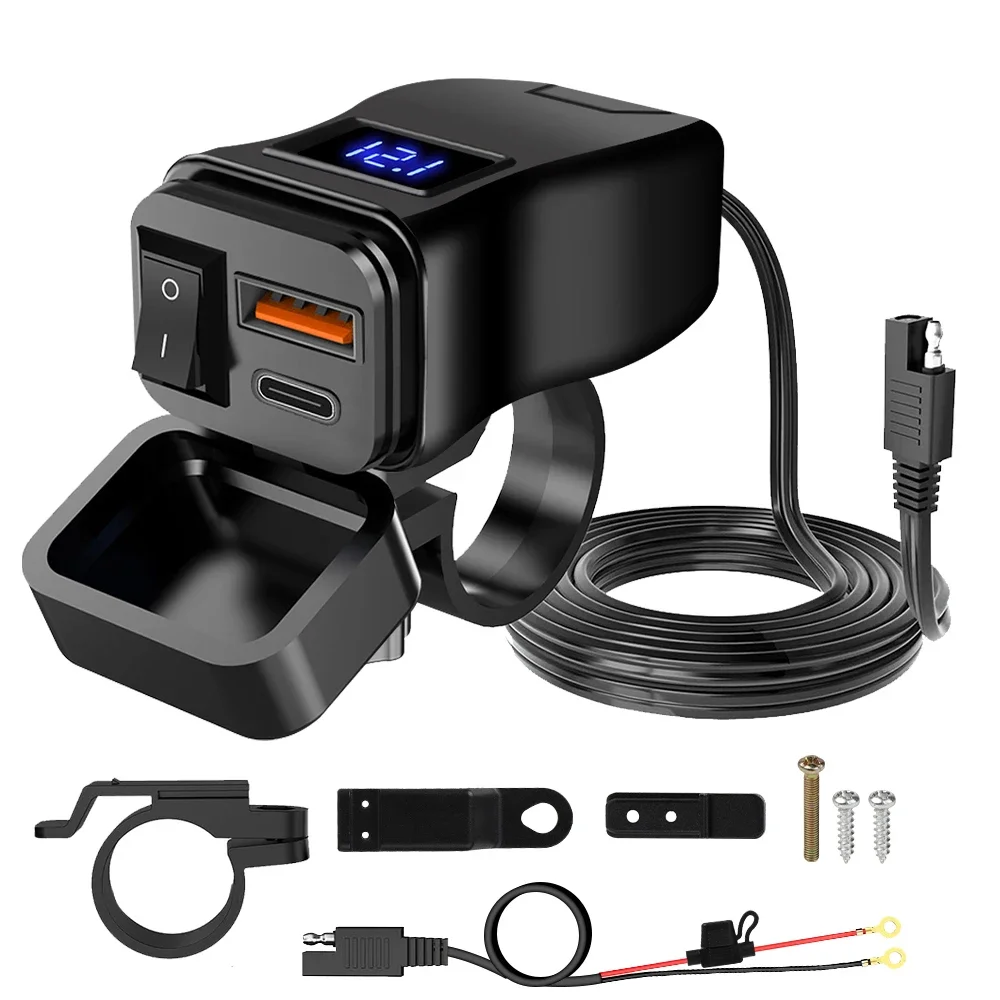 PD QC3.0 Motorrad USB Schnell-Ladegerät Wasserdichter Typ-C-Anschluss mit Digital-Voltmeter für Mobiltelefone
