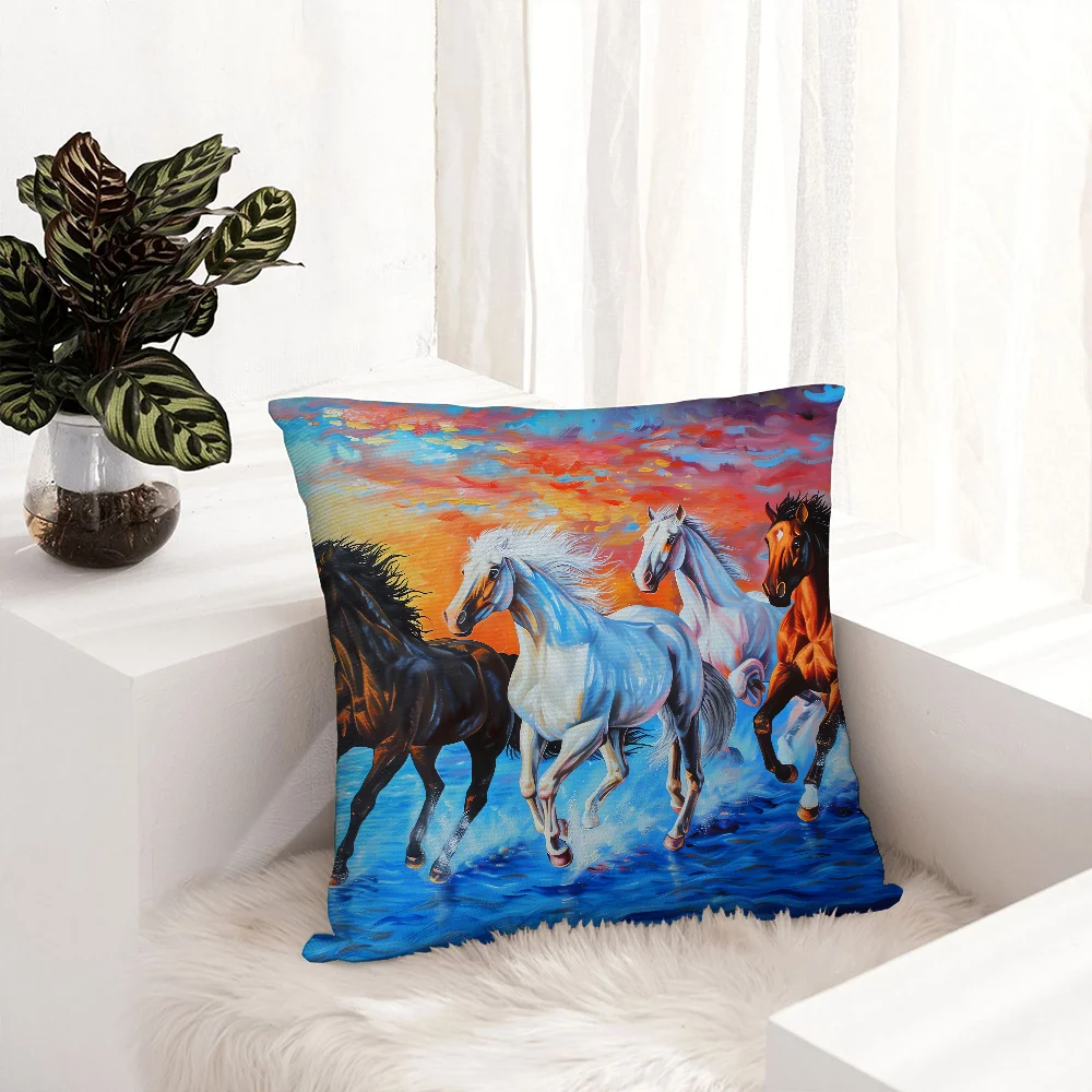 

Oil Painting Horse Pillow Case Plush Fabric Soft Pillowcase Double Sided Print Sofa Cushion Cover Throw Pillow Cover