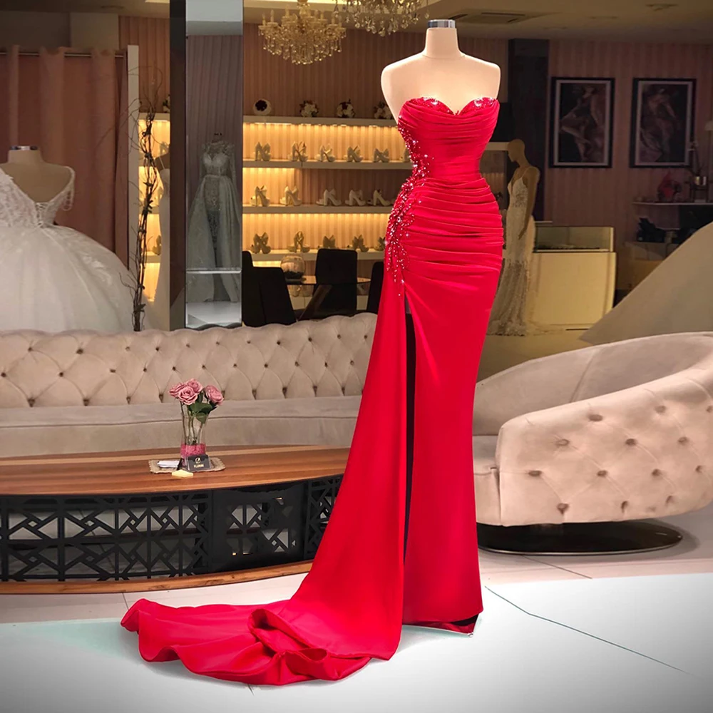 New Red Evening Dress High Slit Sweetheart Sleeveless Beading Pleat Sexy Prom Dresses Sweep Train Celebrity Party Gown 2022