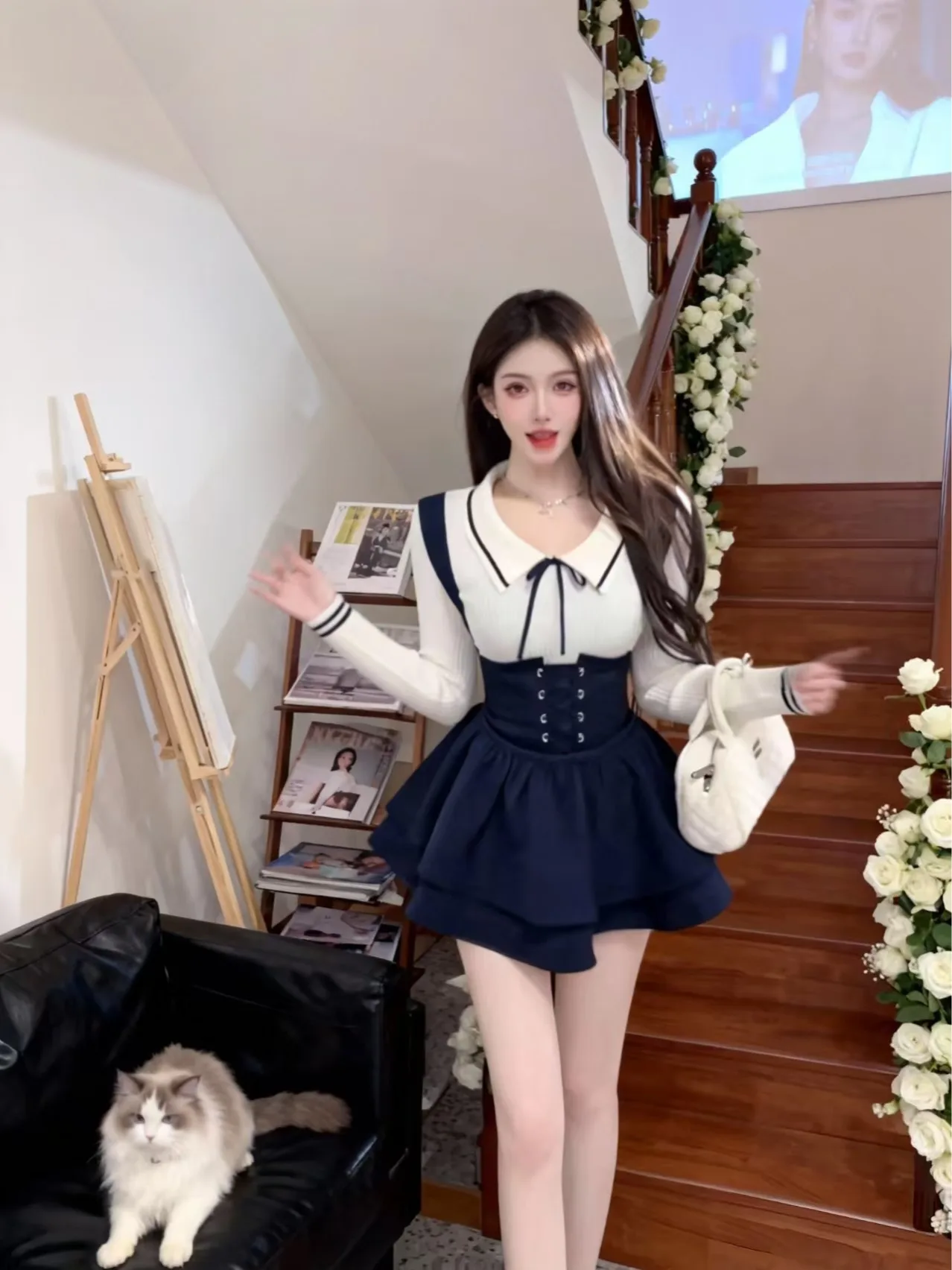 

Sweet Preppy Knitted Top And orts Set Design Sensation Anti-Aging Waist-Cinching f-length Pants Skirt Two-piece Se...