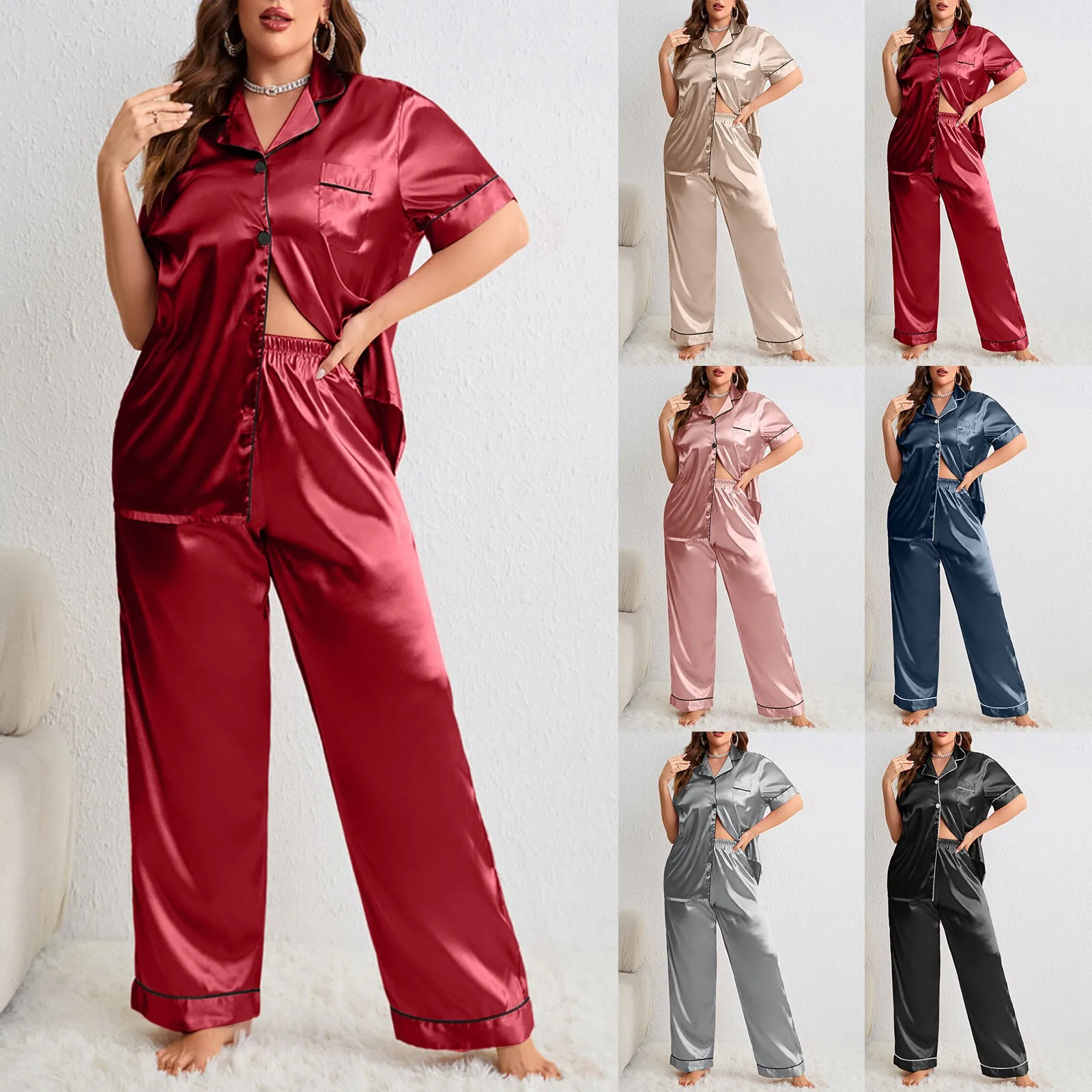 Oversize Size 3Xl 4Xl 5Xl Pajamas Loose Rayon Home Clothes Women's Short Sleeve Loungewear Satin Solid Pyjamas Suit Sleepwear