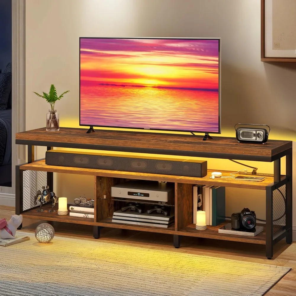 

LED TV Stand, Entertainment Center with Storage, TV Stands for Living Room, Industrial Media TV Console Cabinet W/Power Outlets