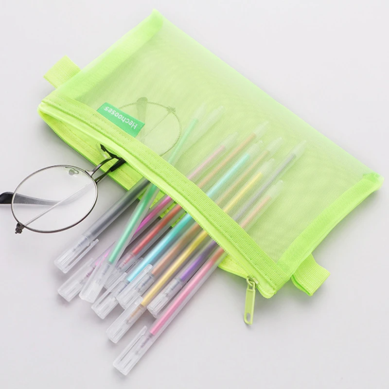 Transparent Mesh Student Exam Portable Pencil Case L Capacity Zippered Document Bag Nylon Storage Bag School Supplies Pen Case