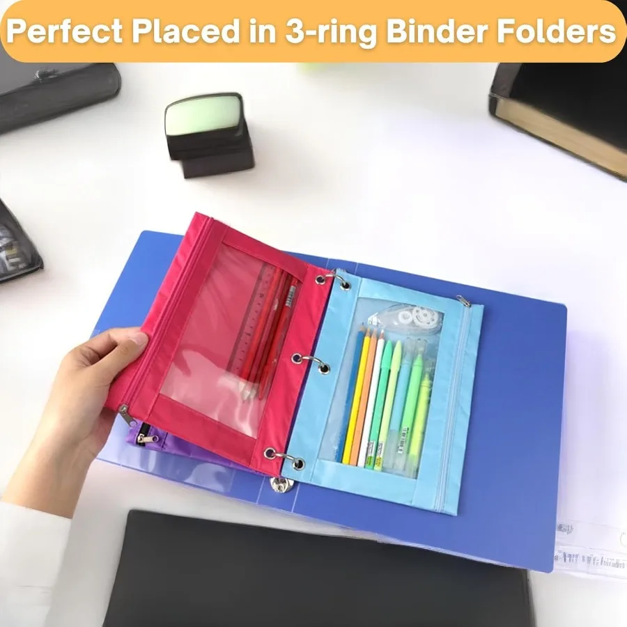 Peil Pouch for 3 Ring Binder Zipper Peil Case Bag Three Hole with Clear Window Black 1 Pack