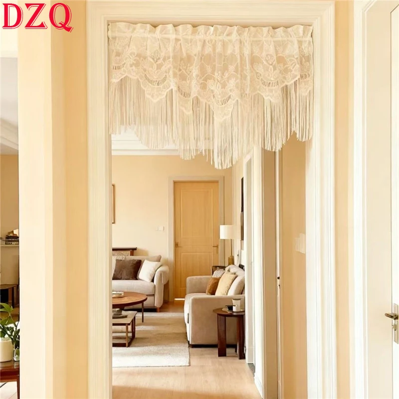 

White Tassel Leaves Short Curtains for Living Room Elegant Hollow-out Lace Tulle Curtain Valance Door Curtains for Kitchen #A674