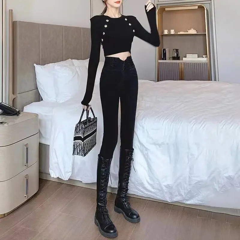 Tight Fitting Jeans With Small Legs For Women Autumn Winter 2023 Plush Thickened High Elastic Slim Fitting Three Breasted Pants