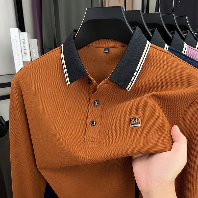Luxury Brand letter embossed long sleeve polo shirt spring autumn comfort casual T-shirt fashion color blocked lapel men's wear