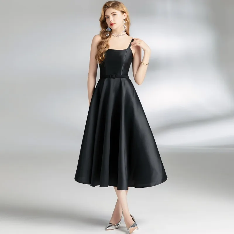 Black High-End Camisole Dress For Women'S Summer, New Style Square Neck, Unique Slim Fit Long Dress With Belt As A Gift