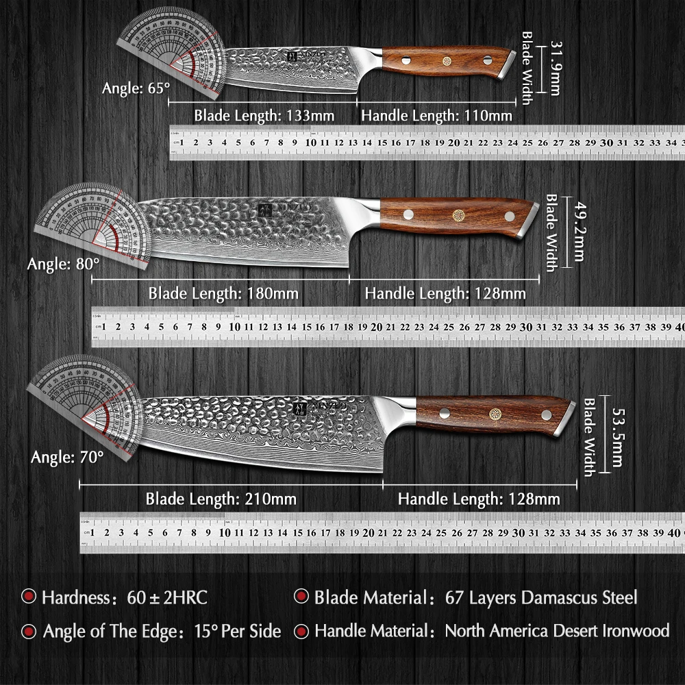 XINZUO 3PCS Kitchen Knives Set VG10 Damascus Steel Stainless Steel Pro Chef Cleaver Santoku Utility Paring Knife