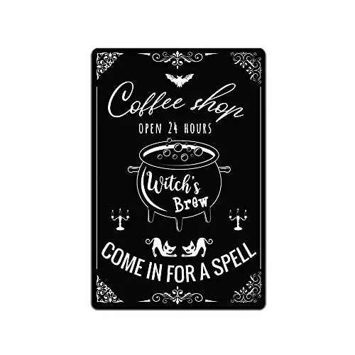 JP;s Parcels Tin Signs Home Wall Decor - Metal Sign 12 x 8 in. Coffee Shop Open 24 Hours Witch;s Brew Come in for a Spell