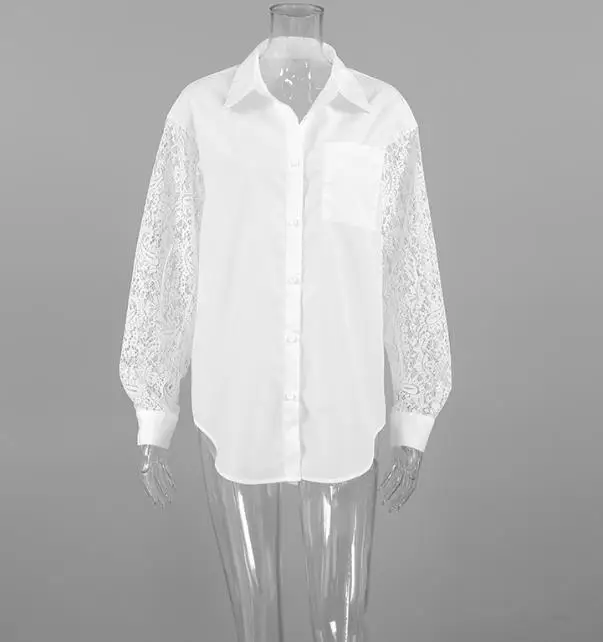 

2026 Elegant Sexy Spring New Lace Splicing Hollow Back Design with Long Sleeve Collar Commuter Shirt for Women