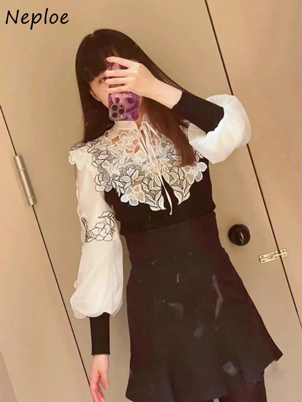 Neploe Sweet Stand Collar Lantern Sleeve Elegant Jumper Flower Lace Lace Up Patchwork Pullovers Japan Early Spring Knit Tops