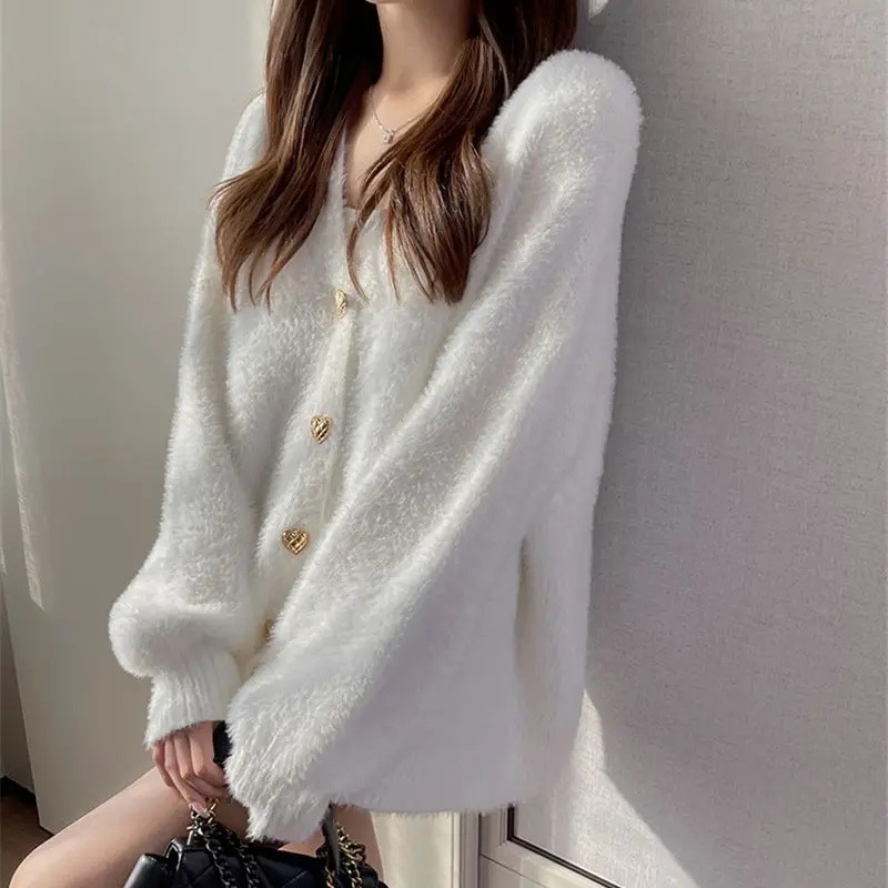 White Heart Buttons Mink Cashmere Cardigan V Neck Autumn Winter
