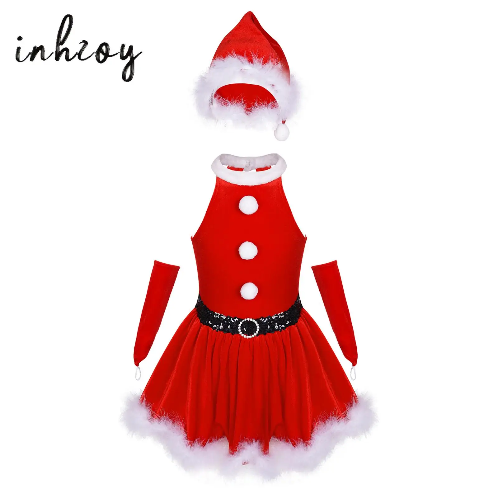 

Girls Christmas Santa Claus Costumes Velvet Feather Trim A-line Dress+Santa Hat+Gloves Suit for Theme Party Masquerade Cosplay