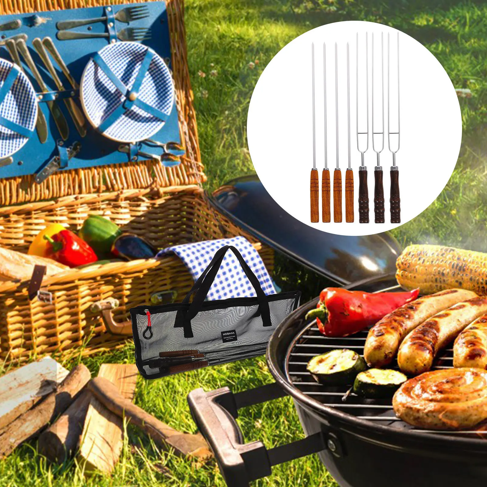 

1Set Bbq Skewer Set Stainless Steel Flat Long Handle Non Slip Metal Skewers for Grilling Kabobs Roasting Backyard Party Garden
