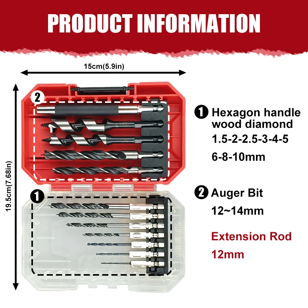 12Pcs Three-Point Wood Drill Bit Set Hex Shank Auger Drill Bits for Cabinet Furniture Hole Opening