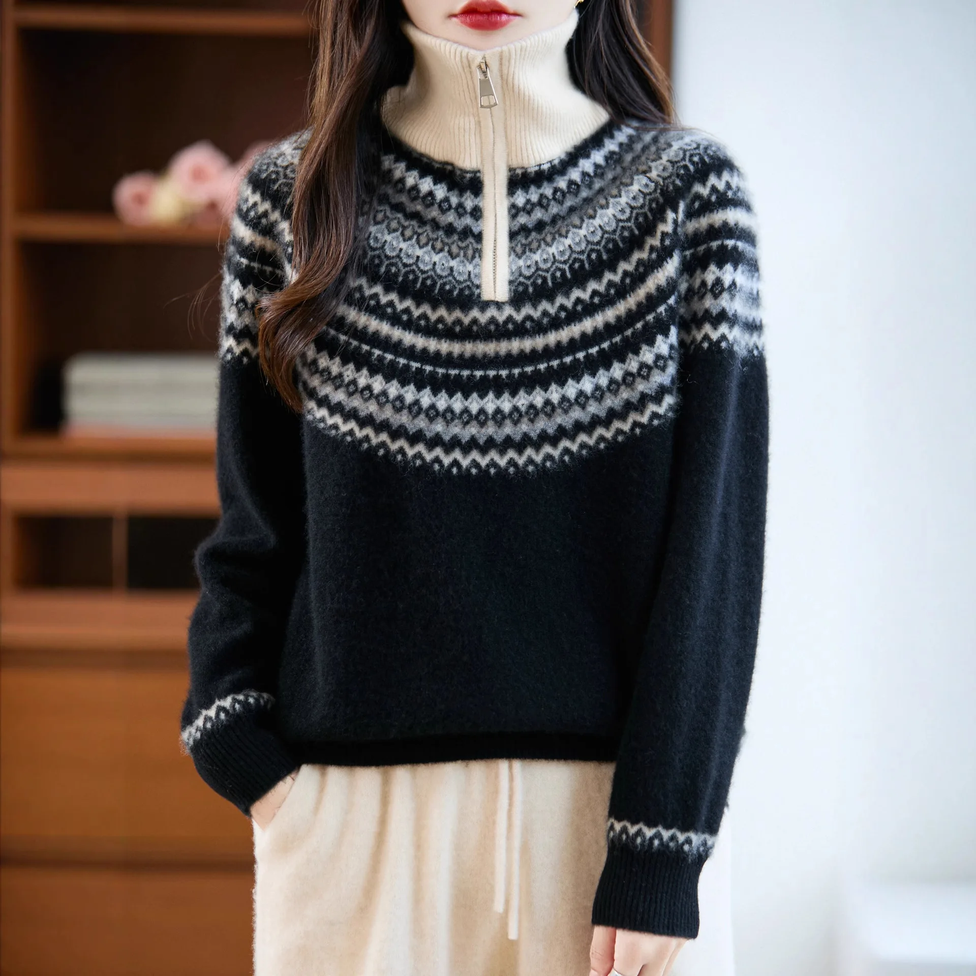 

Женский свитер из 100% шерсти, водолазка на молнии, толстые теплые пуловеры, корейские модные осенне-зимние свободные рубашки с длинными рукавами