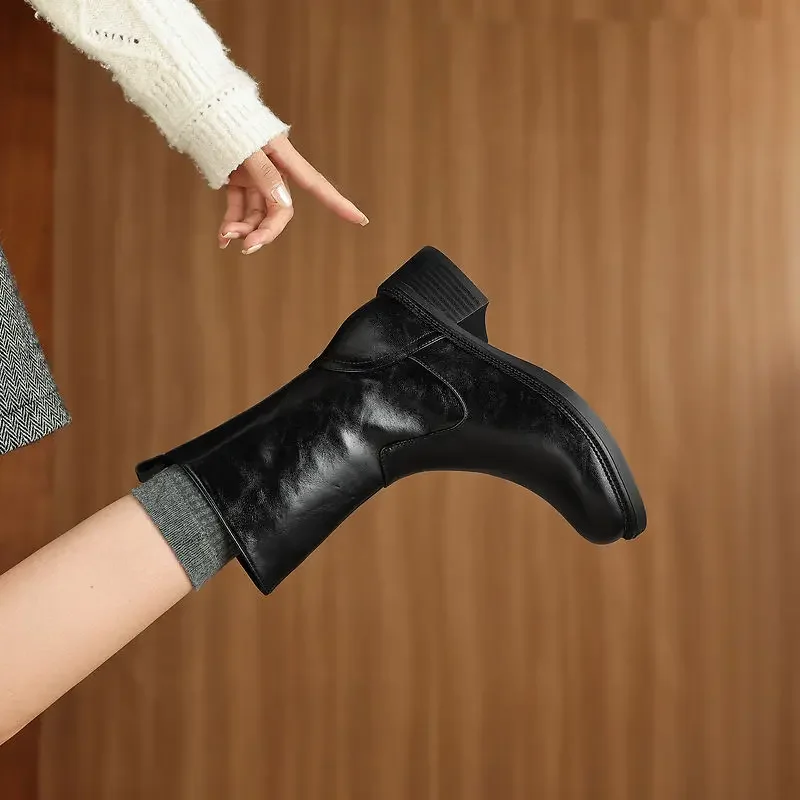 2027 Fashion Short Boots Women's New High Quality Split Leather Calf Boots Round Head Mid Top Boots Street Style Women's Shoes