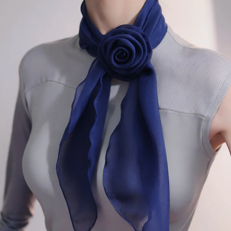 2024 New Long Small Silk Scarf Rose Solid Collar Decoration Artistic Style Wear Blogger Scarf Fashion All-Matching