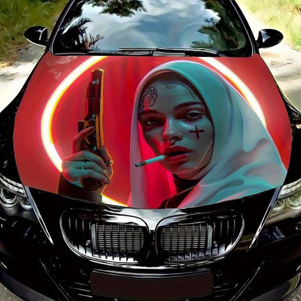 

Rebellious Nun Car Hood Wrap Colorful Vinyl Sticker For Trucks, Decorative Bonnet Graphics And Auto Accessories Waterproof And S