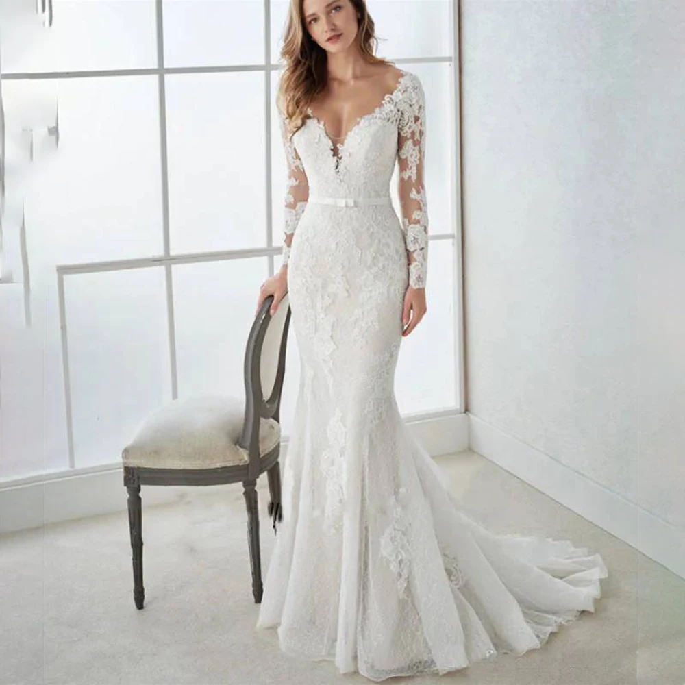 Luxury Mermaid Bridal Gown For Womens V-Neck Long Sleeve Lace Floor Length Wedding Dress Customized High Quality Dresses