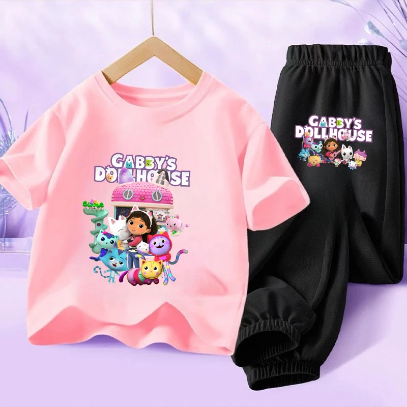 

Gabby Dollhouse Girls T-shirt Set Cute Cartoon Tees Baby Short Sleeves Set Kid Kawaii Summer Comfortable Clothes Gift 2pcs Gift