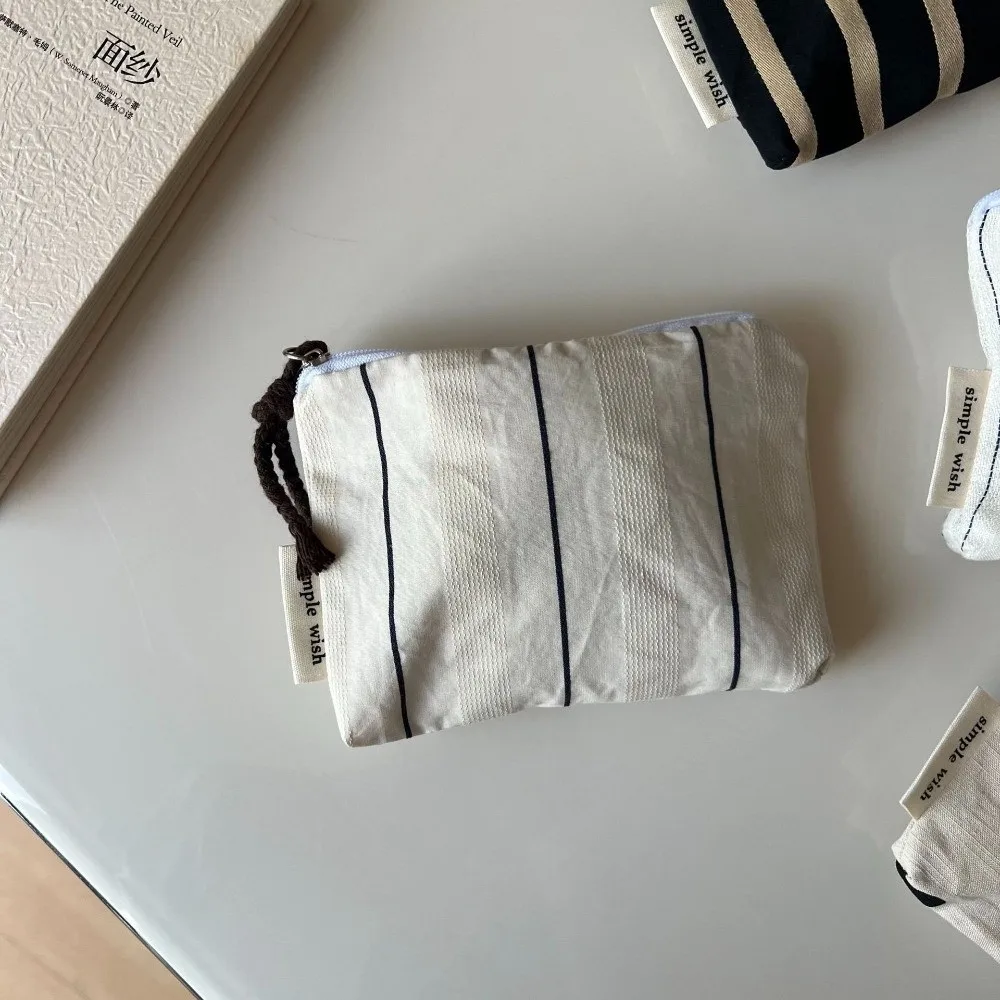 Cotton Linen Material Mini Coin Purse Striped Pattern Polka Dot Design Jewelry Storage Bag Minimalist Style Portable Size