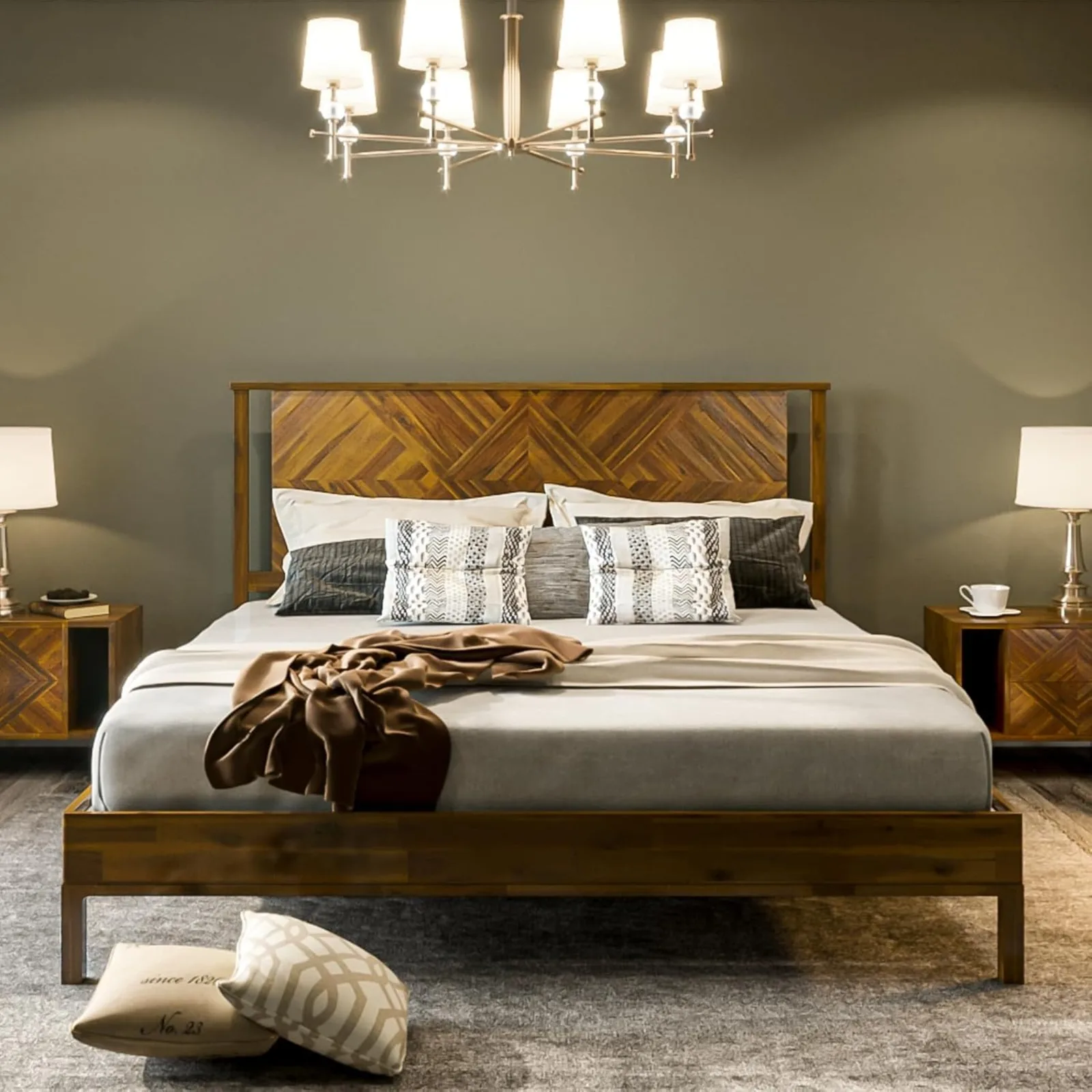 US Ethan Solid Wood King Bed Frame with Diamond Headboard - Rustic & Mid-century Modern - Acacia Wood Platform Bed