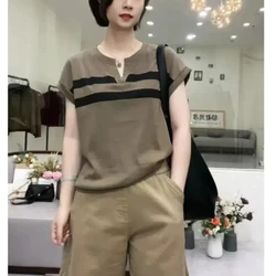 Crew Neck Short Sleeve Pullover Summer Women's Clothing Contrast Color T-shirt Comfortable Clothes All-match Clothes Tops