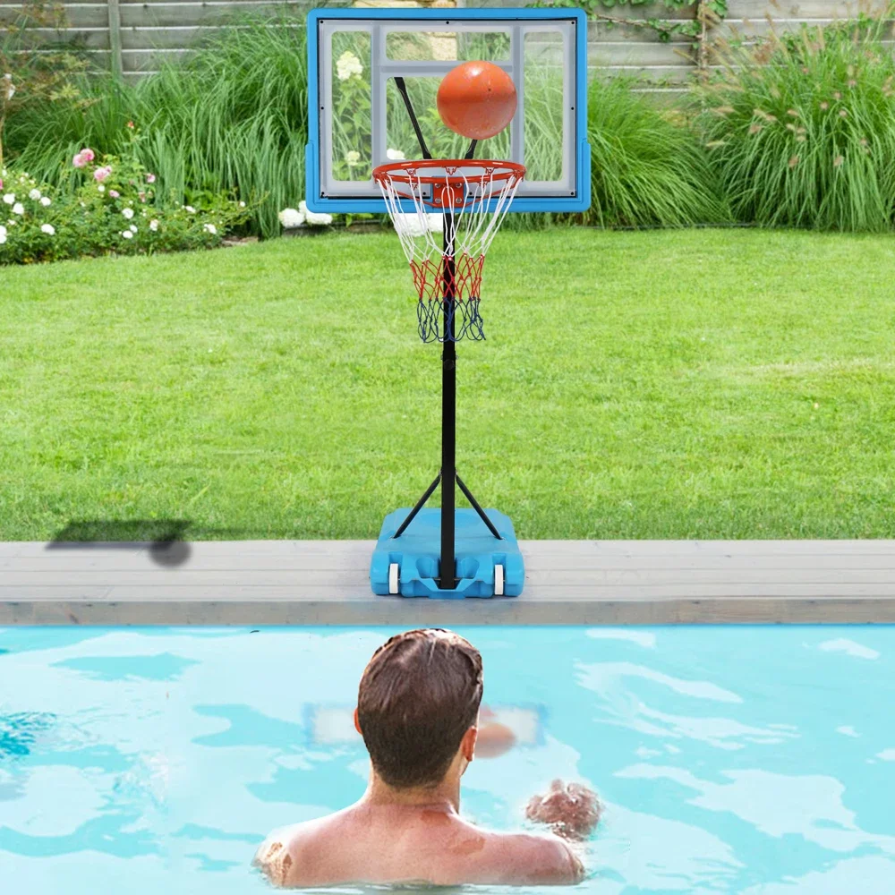 

Transparent Board Basket Frame Adjustable Poolside basketball Hoop,with Two wheels,Perfect for poolside / swimming game.Blue