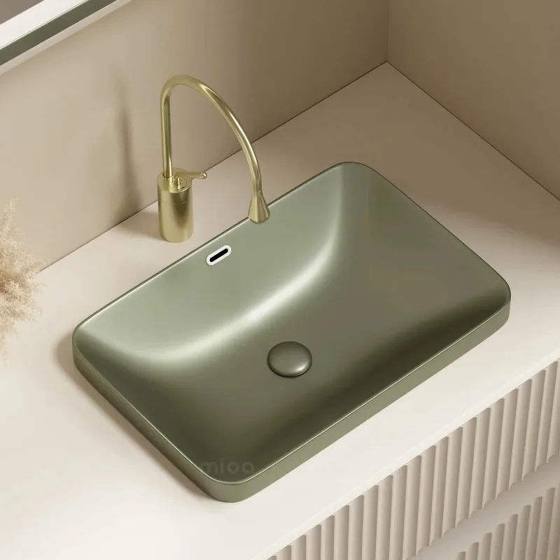 Vintage Style Metal Textured Semi-Recessed Bathroom Sink Square Ceramic Vanity Basin for Washroom Countertop& Modern Lavabo Sink