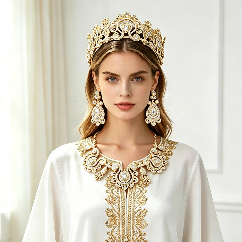 6pcs Gold Color Morocco Algeria Women Wedding Jewelry Set Teardrop Earrings Necklace Bracelet Crown Bridal Bijoux