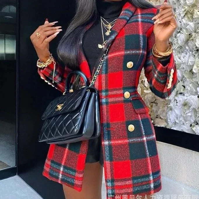 Plaid Print Jackets Turn Down Collar Women Women Coats Spring Slim Button Long Coats Casual Blazers Work 2024 Autumn Winter