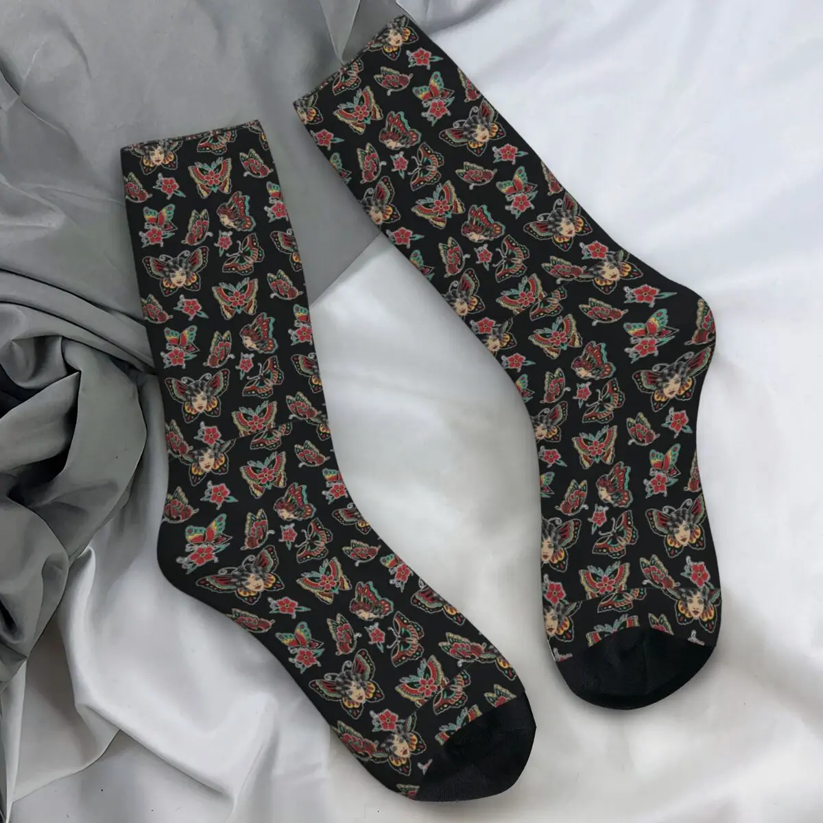 

Vintage Traditional Style Butterfly Tattoo Stockings Unisex Men Socks High Quality Socks Autumn Outdoor Sports Anti Slip Socks