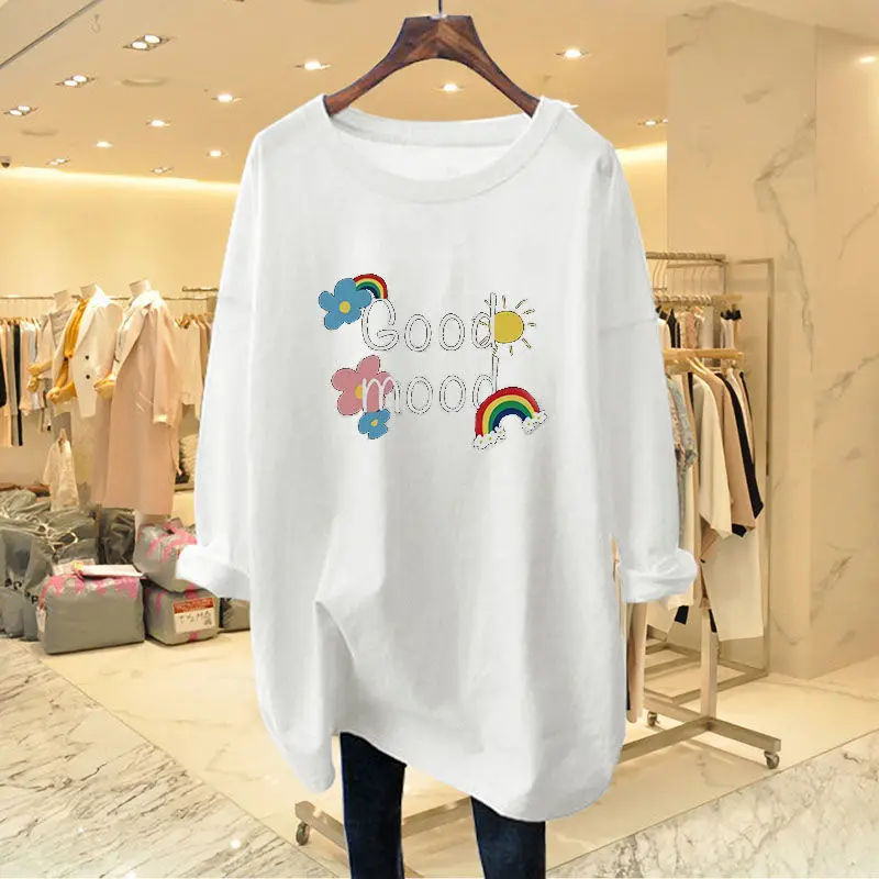 Women Fashion Rainbow Letter Print T-shirt Spring Autumn O-neck Long Sleeve Casual Loose Pullover Office Lady Chic Top 35-100Kg