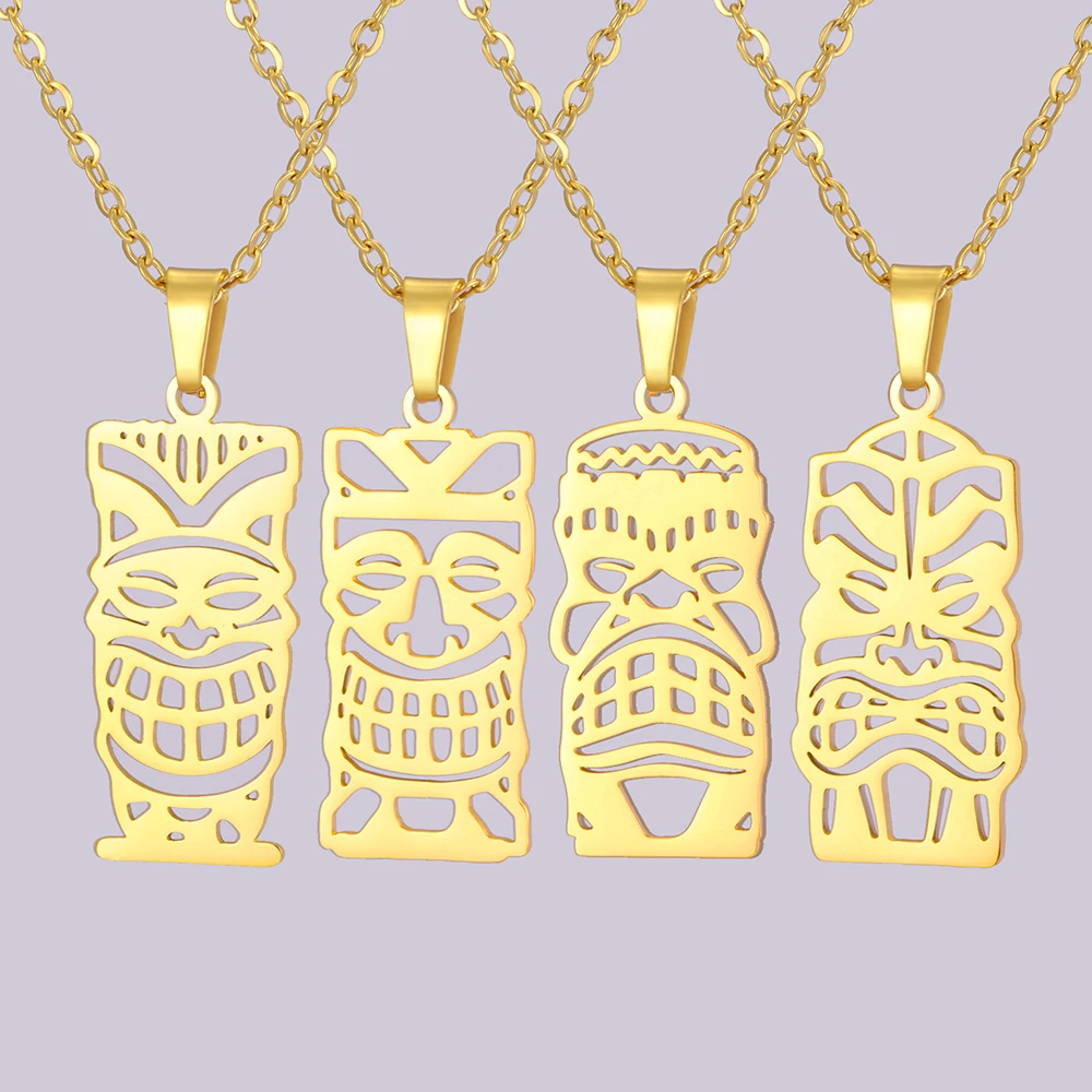 Dawapara Tiki Totem Necklace Indigenous People Mask Tribal Culture Geometric Pendant Stainless Steel Jewelry