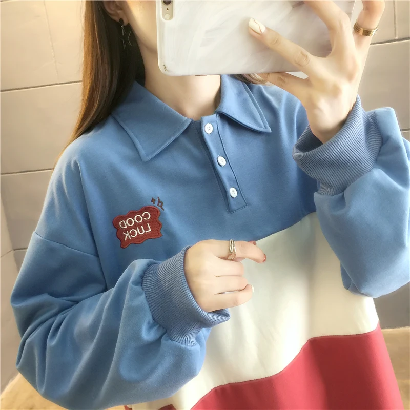 Spring and Autumn Women's Polo Neck Button Long Sleeves Contrast Color Loose Pullers Fashion Casual Korean Commute Tops