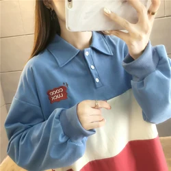 Spring and Autumn Women's Polo Neck Button Long Sleeves Contrast Color Loose Pullers Fashion Casual Korean Commute Tops